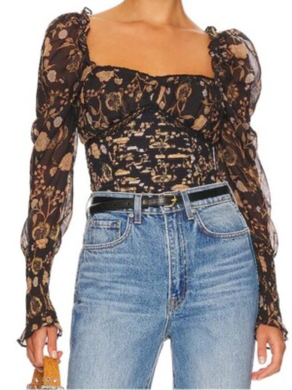 Free People Brown Black Floral Brunch Date Puff Sleeve Bodysuit